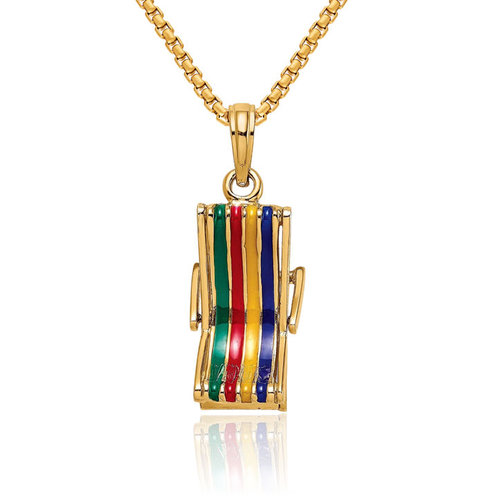 14K Solid Yellow Gold Dangling Multi-color Beach Lounge Chair Necklace Chain Pendant Charm
