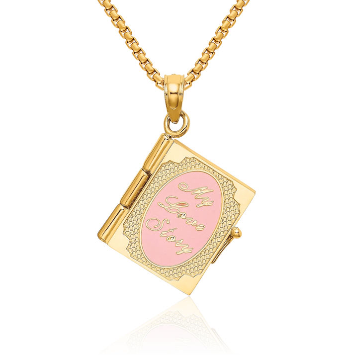 14K Solid Yellow Gold Dangling My Love Story Book Necklace Chain Pendant Charm