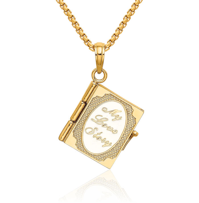 14K Solid Yellow Gold Dangling My Love Story Book Necklace Chain Pendant Charm