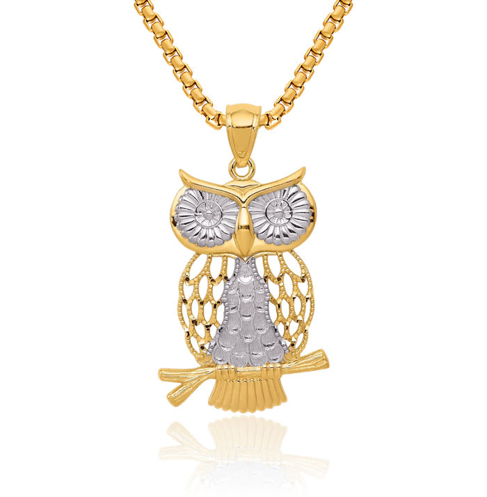 14K Solid Yellow Gold Dangling Owl Symbol of Wisdom Bird Necklace Chain Pendant Charm