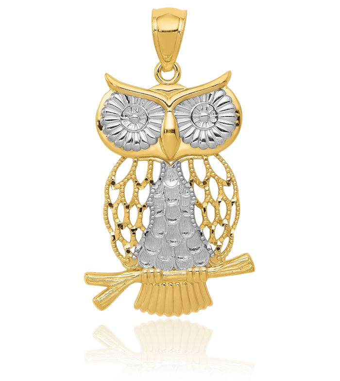 14K Solid Yellow Gold Dangling Owl Symbol of Wisdom Bird Necklace Chain Pendant Charm