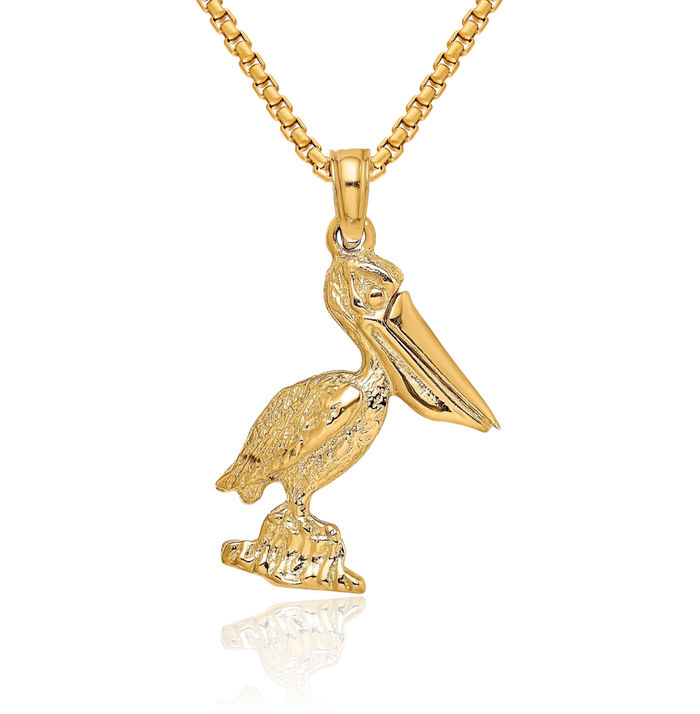 14K Solid Yellow Gold Dangling Pelican Symbol of Focus Persistence Bird Necklace Chain Pendant Charm