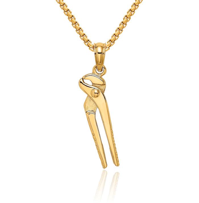 14K Solid Yellow Gold Dangling Pliers Necklace Mechanic Chain Pendant Charm