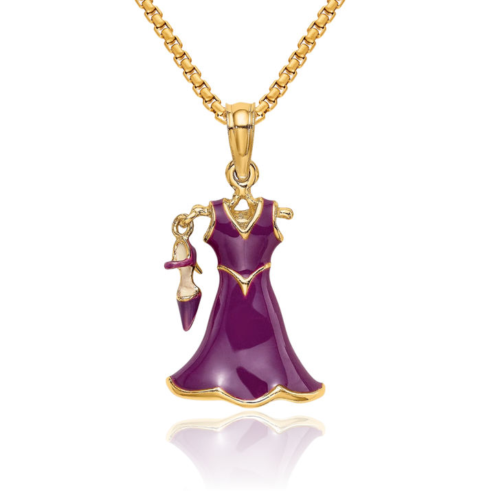 14K Solid Yellow Gold Dangling Purple Dress Shoe Necklace Chain Pendant Charm