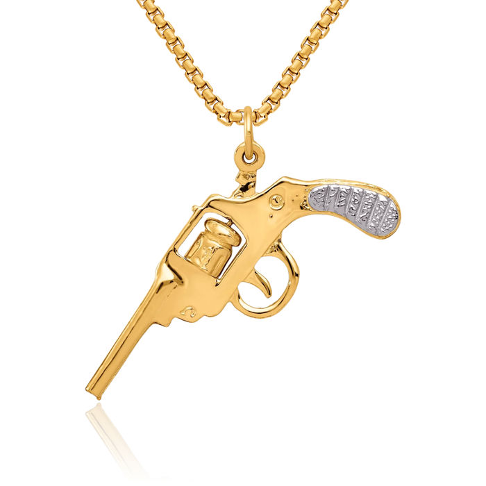 14K Solid Yellow Gold Dangling Revolver Necklace Chain Pendant Charm