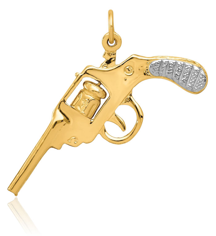 14K Solid Yellow Gold Dangling Revolver Necklace Chain Pendant Charm