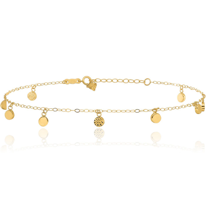 14K Solid Yellow Gold Dangling Circle Round Anklet Summer Beach Foot Ankle Bracelet