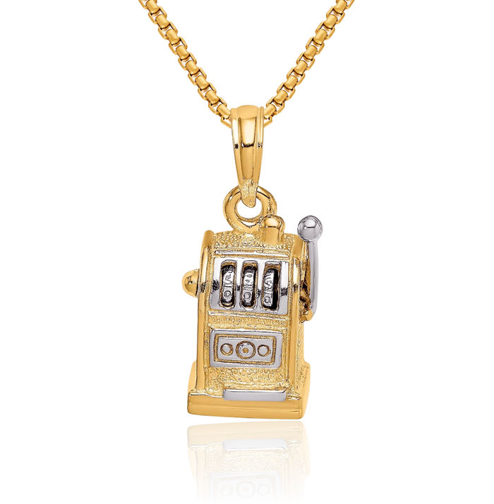 14K Solid Yellow Gold Dangling Slot Machine Necklace Chain Pendant Charm