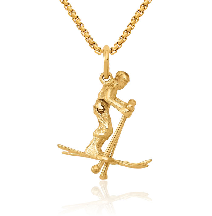 14K Solid Yellow Gold Dangling Snow Skier Necklace Skiing Snowboarding Charm Sports Pendant