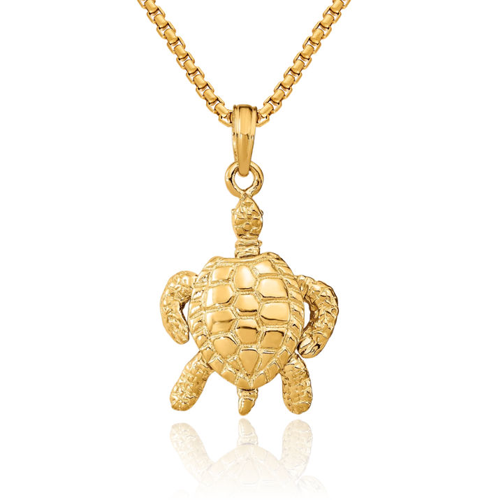 14K Solid Yellow Gold Dangling Sea Turtle Head Legs Necklace Chain Pendant Charm