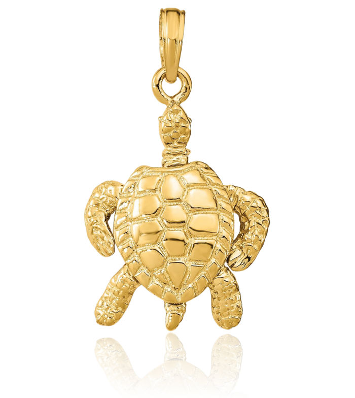 14K Solid Yellow Gold Dangling Sea Turtle Head Legs Necklace Chain Pendant Charm