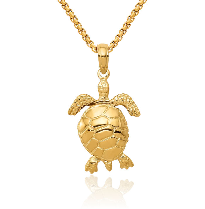 14K Solid Yellow Gold Dangling Sea Turtle Necklace Chain Pendant Charm