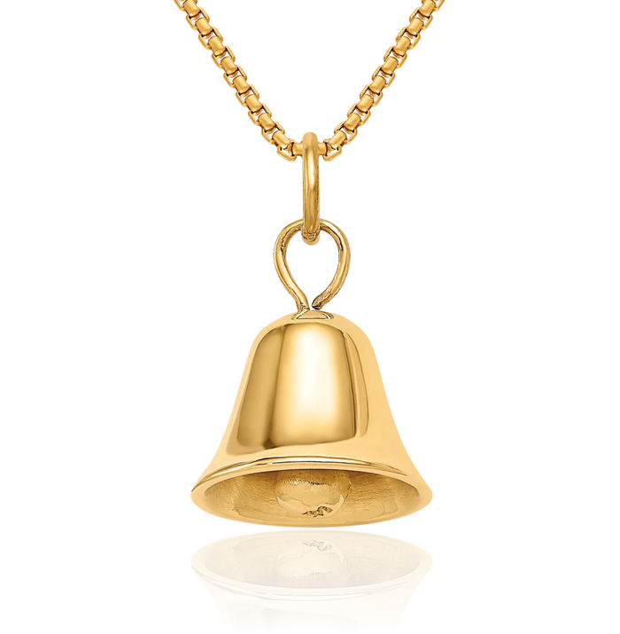 14K Solid Yellow Gold Dangling Wedding Bell Necklace Chain Pendant Charm