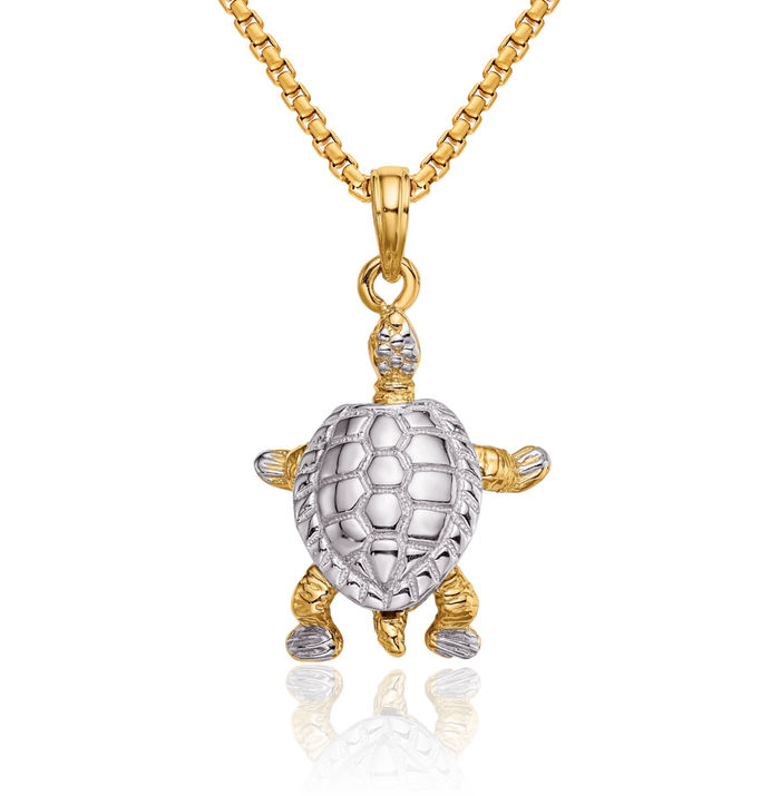 14K Solid Yellow Gold Dangling White Land Sea Turtle Head Necklace Chain Pendant Charm