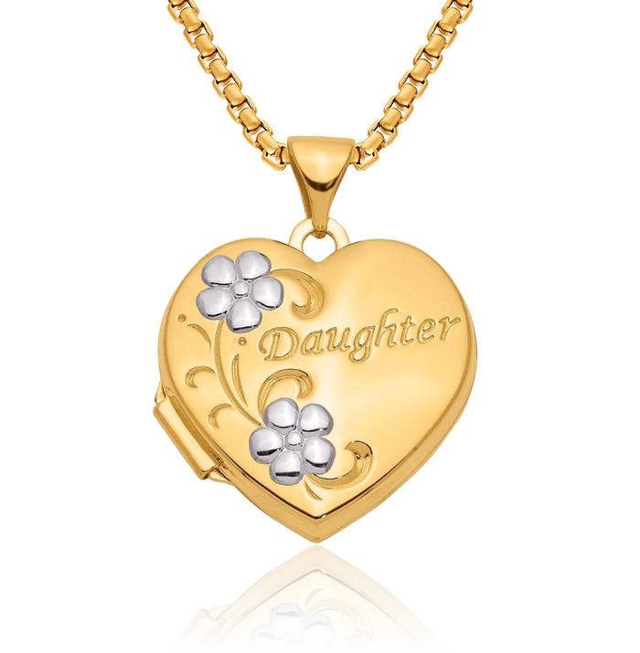 14K Solid Yellow Gold Daughter Flower Heart Locket Necklace Chain Pendant Charm