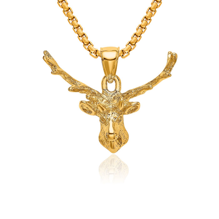 14K Solid Yellow Gold Deer Head 8 Point Buck Necklace Chain Pendant Charm