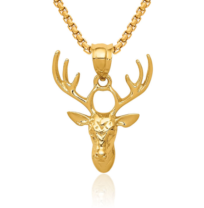 14K Solid Yellow Gold Deer Head Necklace Chain Pendant Charm