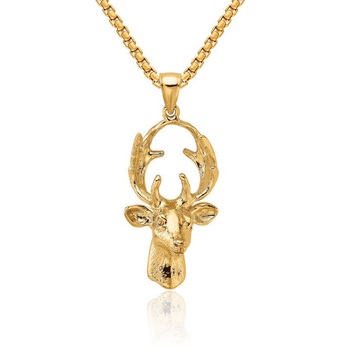 14K Solid Yellow Gold Deer Head Necklace Chain Pendant Charm