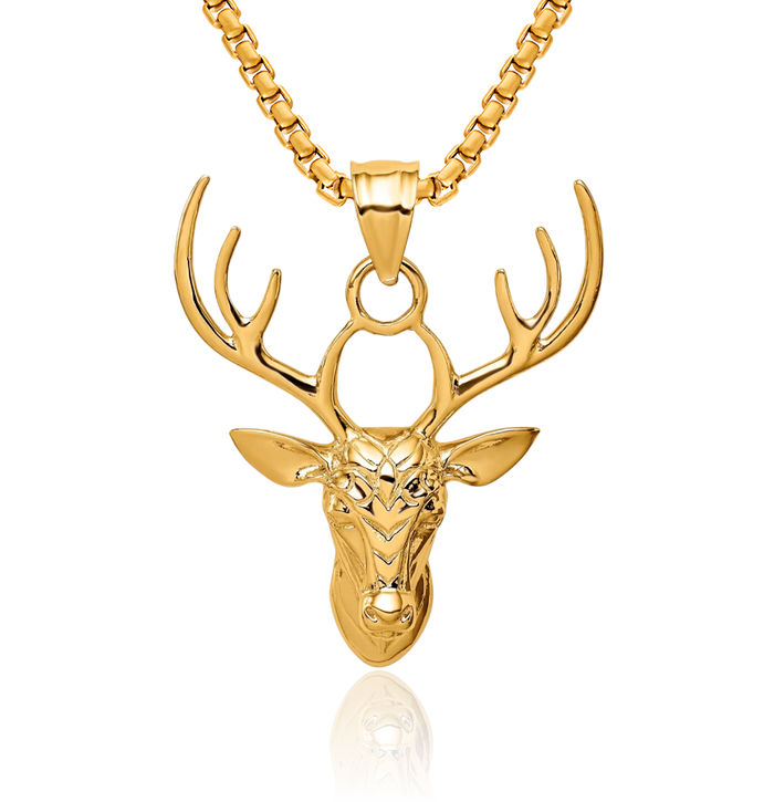 14K Solid Yellow Gold Deer Head Necklace Chain Pendant Charm