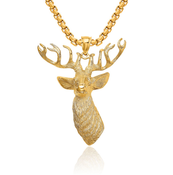 14K Solid Yellow Gold Deer Head Necklace Chain Pendant Charm