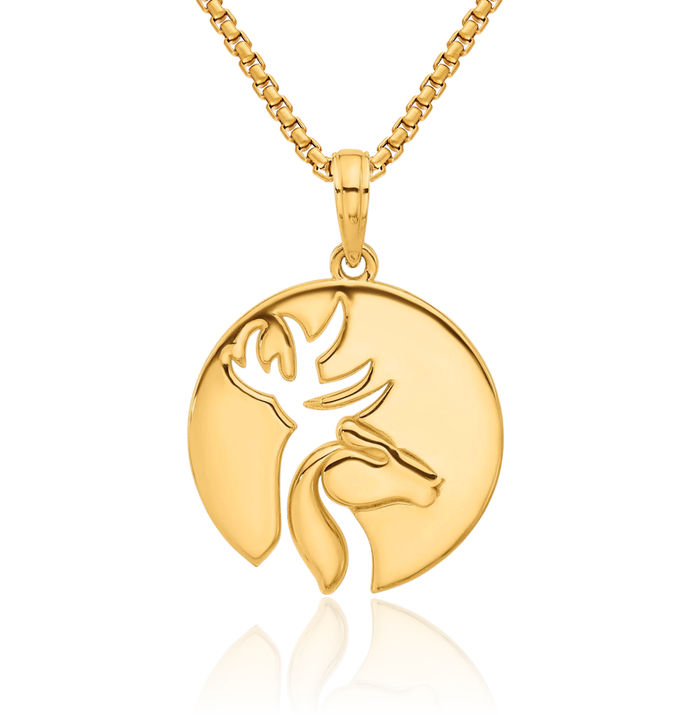 14K Solid Yellow Gold Deer Head Circle Round Necklace Chain Pendant Charm