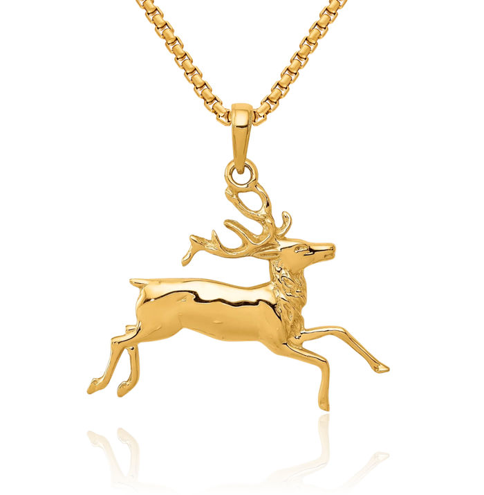 14K Solid Yellow Gold Deer Running Necklace Chain Pendant Charm