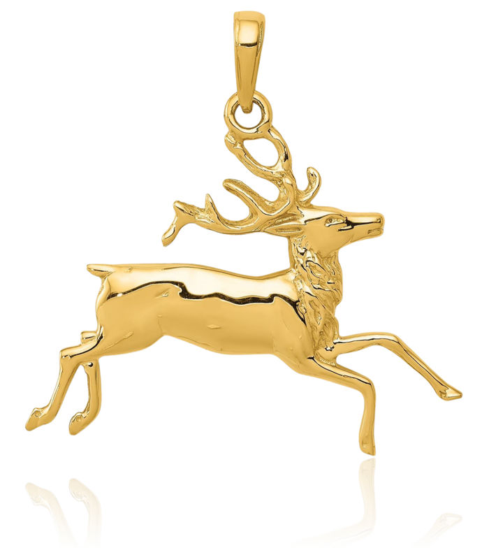 14K Solid Yellow Gold Deer Running Necklace Chain Pendant Charm