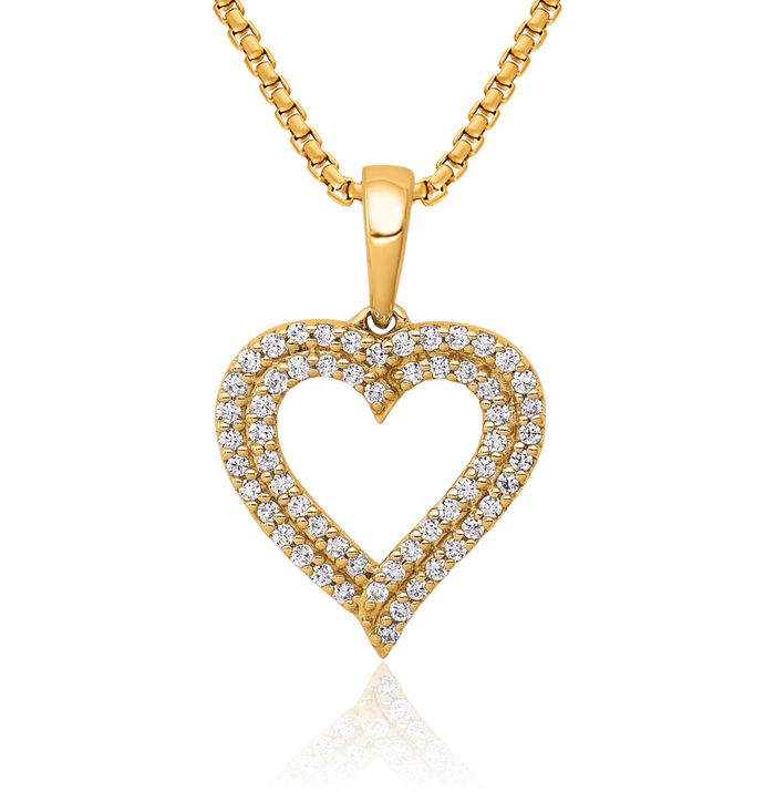 14K Solid Yellow Gold Diamond 2 Row Heart Necklace Love Pendant Charm