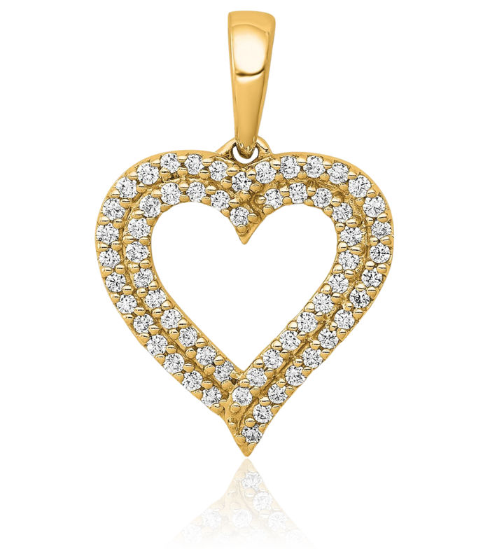 14K Solid Yellow Gold Diamond 2 Row Heart Necklace Love Pendant Charm