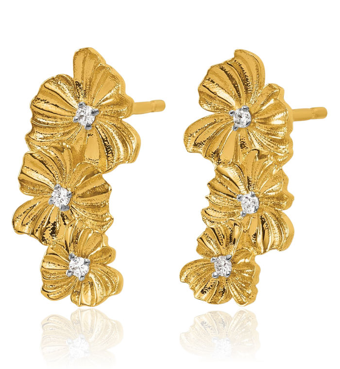 14K Solid Yellow Gold Diamond 3 Flower Post Drop Dangle Earrings