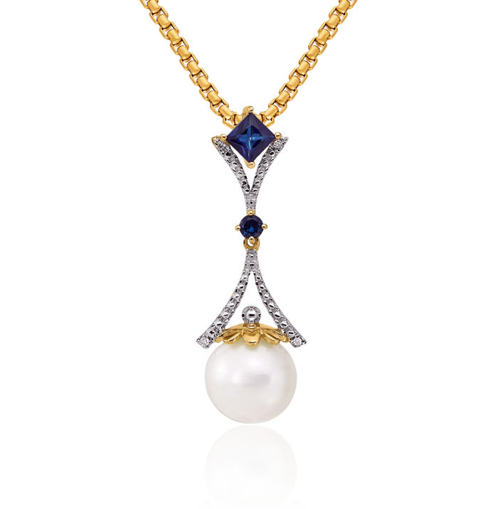 14K Solid Yellow Gold Diamond 8mm Round Freshwater Cultured Pearl/created Blue Sapphire Floating Chain Slide Pendant Necklace Gemstone Charm