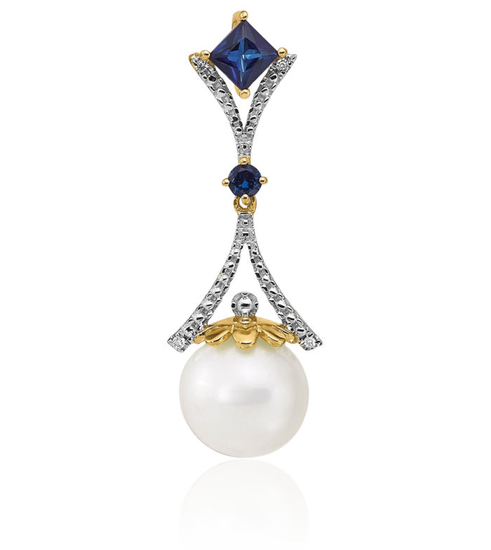 14K Solid Yellow Gold Diamond 8mm Round Freshwater Cultured Pearl/created Blue Sapphire Floating Chain Slide Pendant Necklace Gemstone Charm