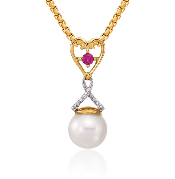 14K Solid Yellow Gold Diamond 8mm Round Freshwater Cultured Pearl Lab Ruby Floating Chain Slide Pendant Necklace Gemstone Charm