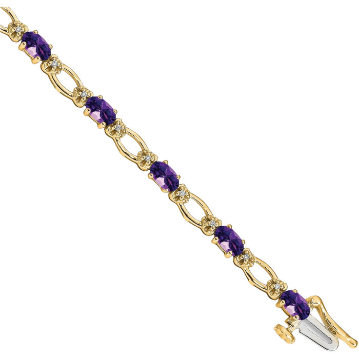 14K Solid Yellow Gold Diamond Purple Amethyst Chain Gemstone Tennis Bracelet