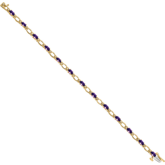 14K Solid Yellow Gold Diamond Purple Amethyst Chain Gemstone Tennis Bracelet