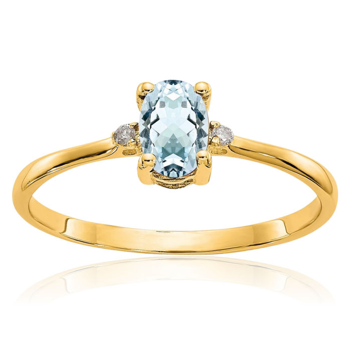 14K Solid Yellow Gold Diamond Blue Aquamarine Ring March Birthstone Jewelry