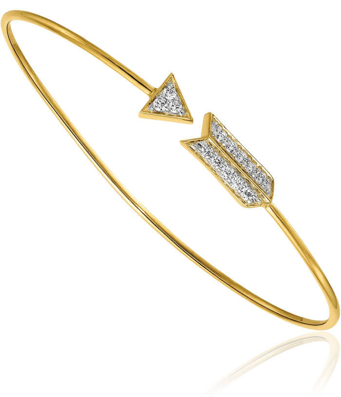 14K Solid Yellow Gold Diamond Arrow Flexible Bangle Charm Bracelet