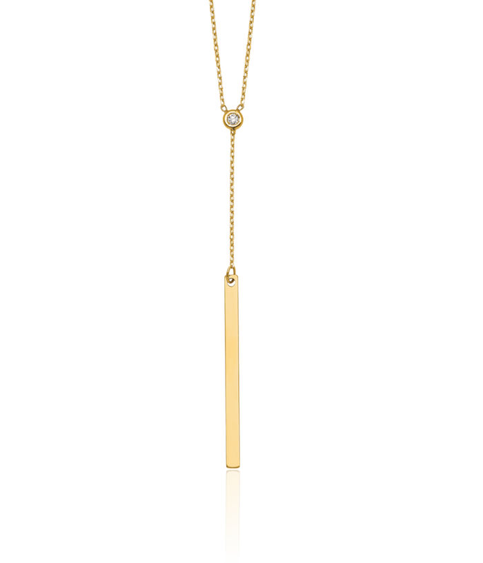 14K Solid Yellow Gold Diamond Bar Y Drop Necklace Chain