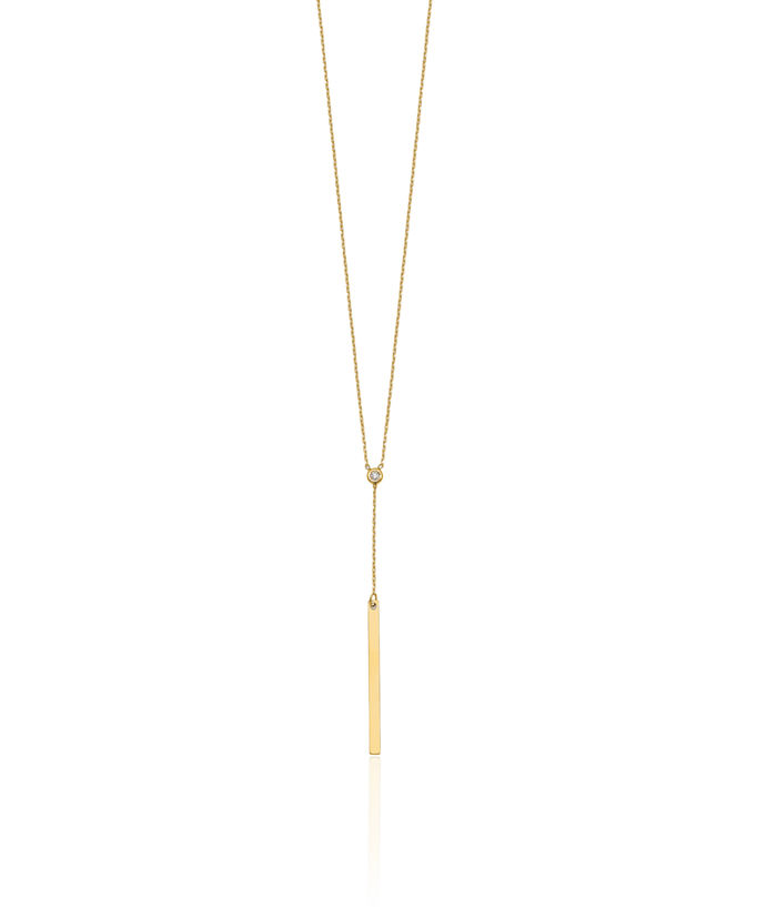 14K Solid Yellow Gold Diamond Bar Y Drop Necklace Chain