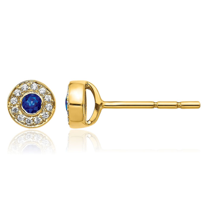 14K Solid Yellow Gold Diamond Blue Sapphire Halo Round Studs Gemstone Earrings September Birthstone Jewelry