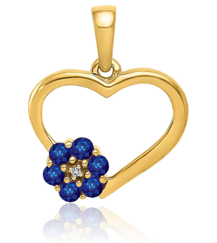 14K Solid Yellow Gold Diamond Blue Sapphire Heart Flower Necklace Gemstone Pendant Charm