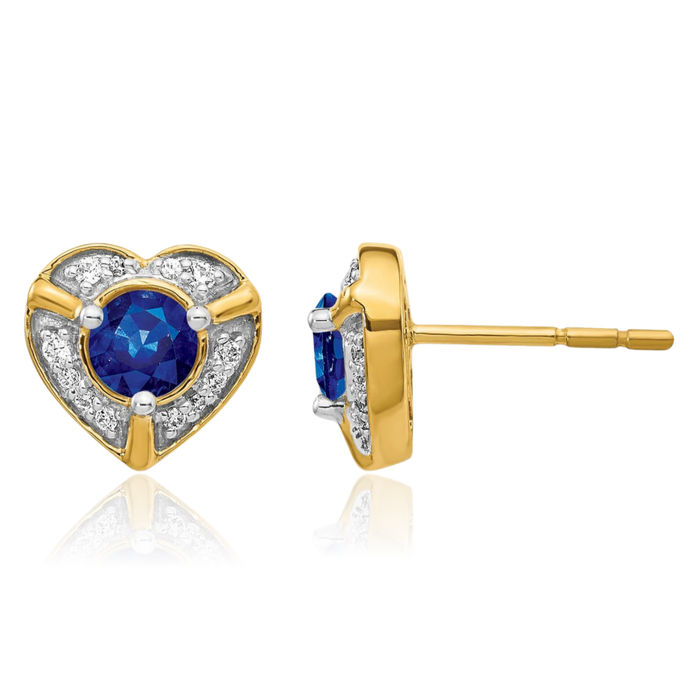 14K Solid Yellow Gold Diamond Blue Sapphire Heart Stud Earrings Gemstone Post Push Back September Birthstone Jewelry