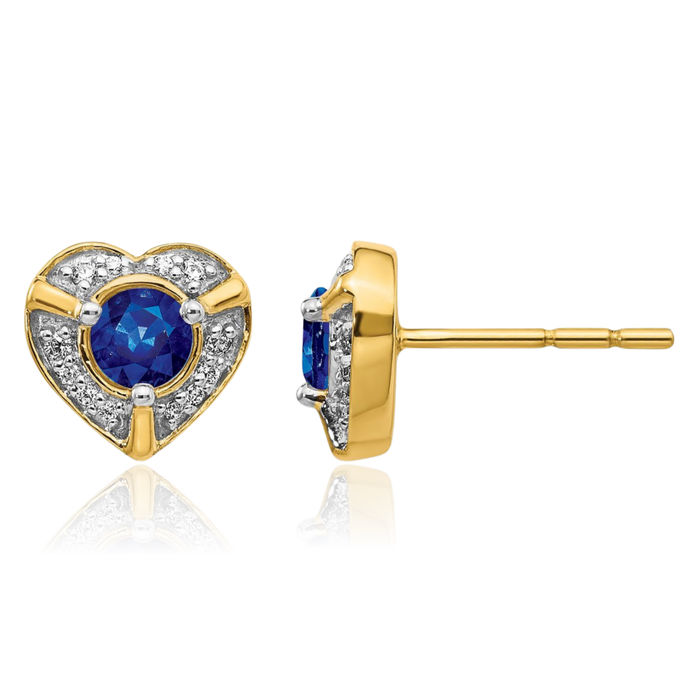14K Solid Yellow Gold Diamond Blue Sapphire Heart Stud Earrings Gemstone Post Push Back September Birthstone Jewelry
