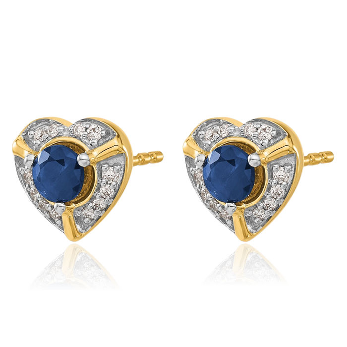 14K Solid Yellow Gold Diamond Blue Sapphire Heart Stud Earrings Gemstone Post Push Back September Birthstone Jewelry