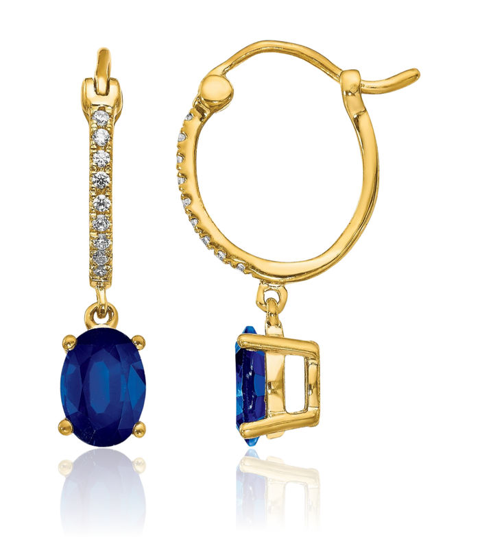 14K Solid Yellow Gold Diamond Blue Sapphire Medium Hoop Drop Dangle Earrings Gemstone September Birthstone Jewelry