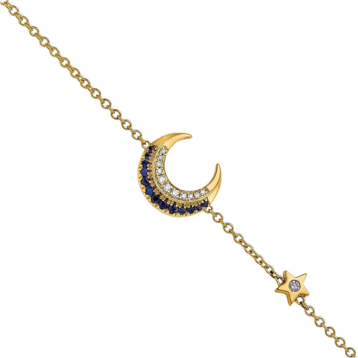 14K Solid Yellow Gold Diamond Blue Sapphire Crescent Moon Star Chain Tennis Charm Bracelet