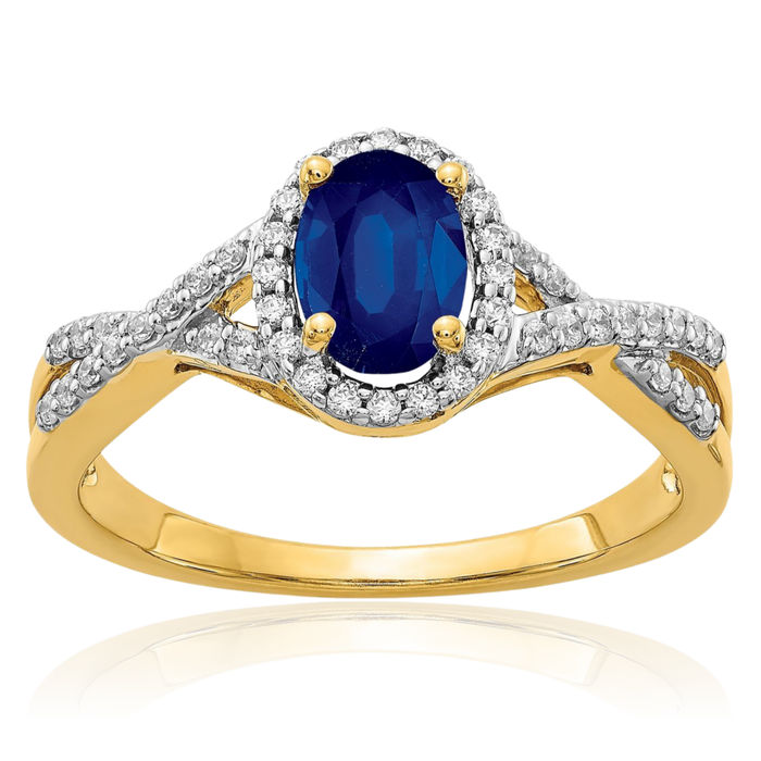 14K Solid Yellow Gold Diamond Blue Sapphire Oval Halo Ring Gemstone Band September Birthstone Jewelry