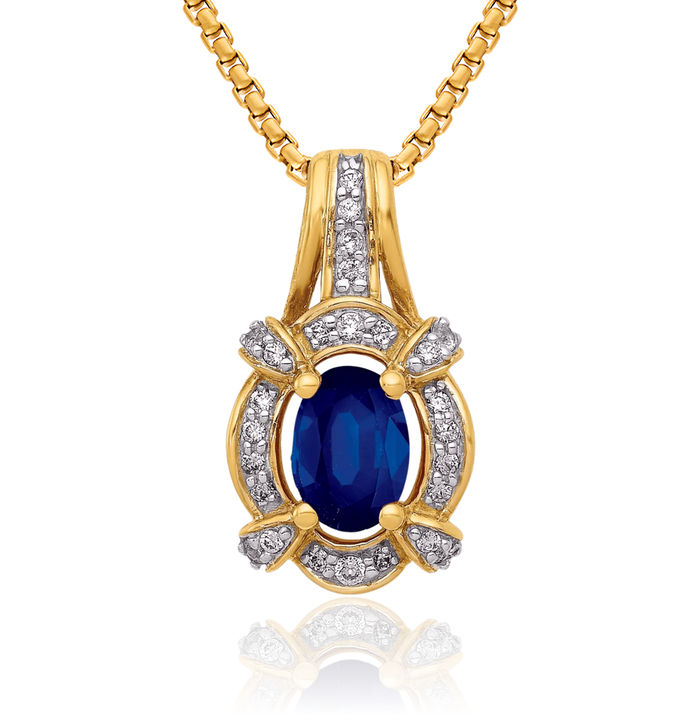 14K Solid Yellow Gold Diamond Blue Sapphire Oval Necklace Charm Gemstone Pendant