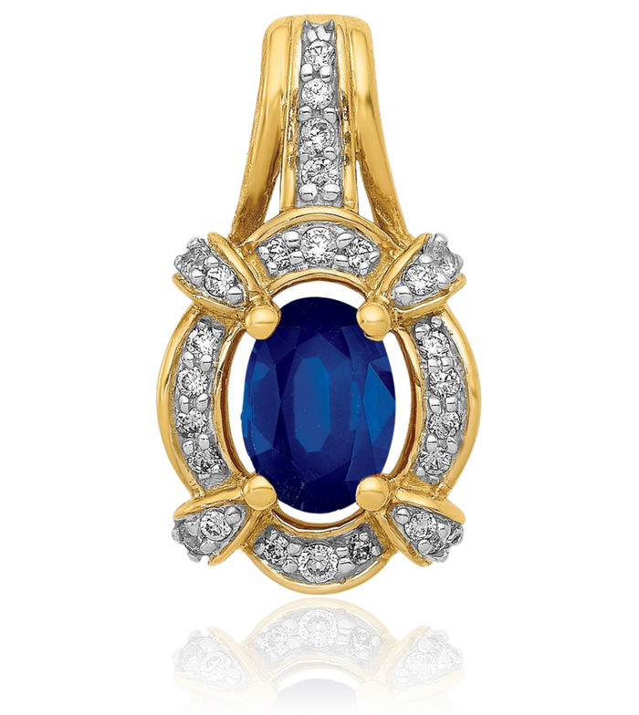 14K Solid Yellow Gold Diamond Blue Sapphire Oval Necklace Charm Gemstone Pendant