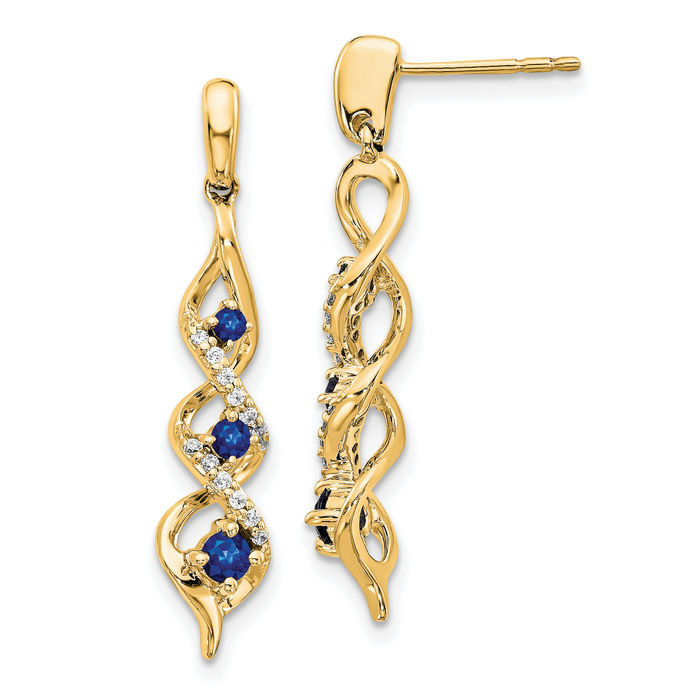 14K Solid Yellow Gold Diamond Blue Sapphire Post Drop Dangle Earrings Gemstone Push Back September Birthstone Jewelry